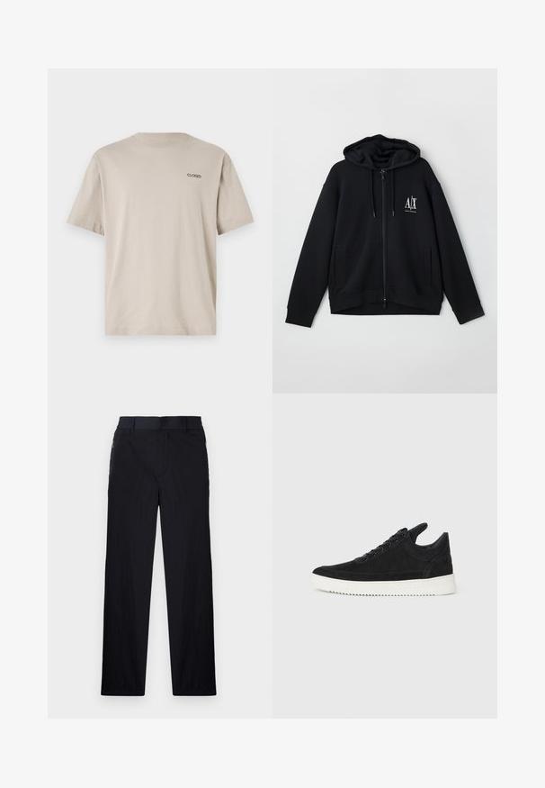 Sort lynlås hoodie lavet af blød stof, med en foret hætte, to forlommer og et lille hvidt logo på venstre bryst.; Beige bomulds T-shirt med korte ærmer og rund halsudskæring. Har et lille broderet "CLOSED" logo på den øverste venstre bryst.; Sorte bukser i let, struktureret stof, med lige ben, elastisk talje og sidelommer med lynlås.; Sort ruskinds sneaker med en hvid gummisål, der har tonalt syet detalje og snørredesign. Glat tekstur med en moderne, strømlinet form.