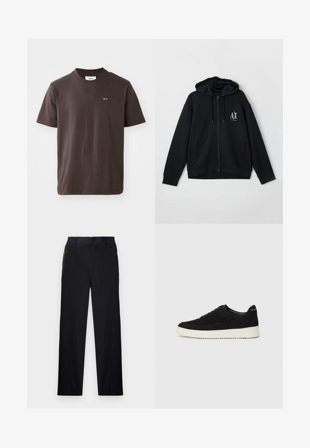Black zip-up hoodie made of soft fabric, featuring a lined hood, two front pockets, and a small white logo on the left chest.; Brown cotton t-shirt with a ribbed crew neck. Features a small white logo on the left chest. Short sleeves and a straight hem.; Black trousers featuring a lightweight, textured fabric, straight-leg design, elastic waistband, and side zip pockets.; Black suede sneaker with lace-up design and contrasting white rubber sole. Features textured side panels and subtle branding on the heel.