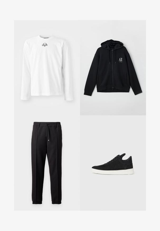 Svart zip-up hoodie i mjukt tyg, med en fodrad huva, två framfickor och en liten vit logotyp på vänster bröst.; Vit långärmad skjorta i bomull, med rund halsringning och en liten svart grafisk design i mitten, med manschetter.; Svarta byxor med midjeresår, dragsnodd och elastiska muddar. Har veck och ett jämnt, texturerat tyg.; Svart mockaskor med en vit gummisula, som har ton-i-ton-sömmar och snörningsdesign. Slät textur med en modern, strömlinjeformad form.