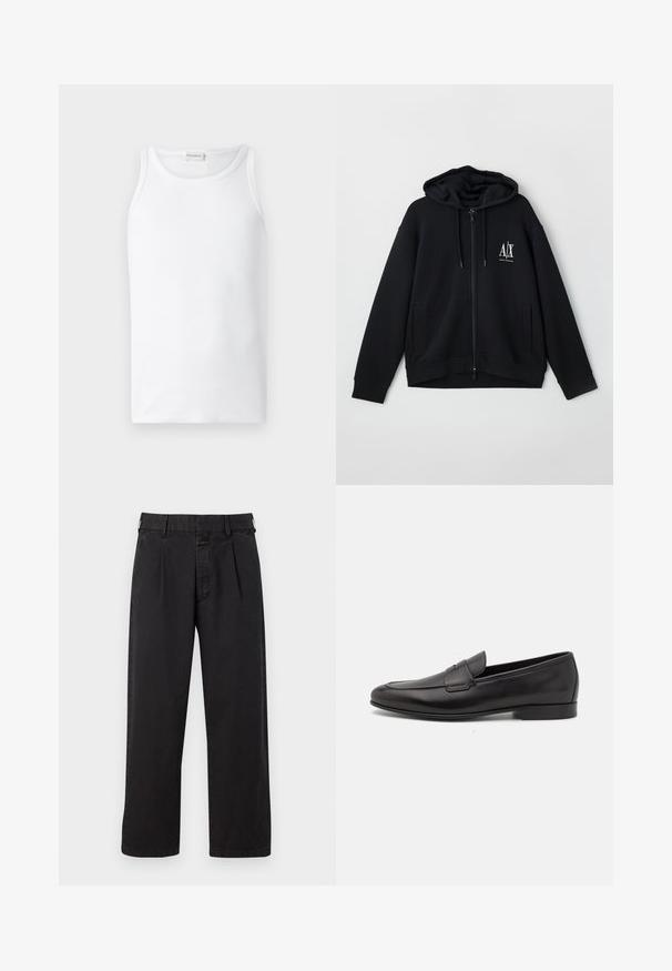Felpa nera con zip realizzata in morbido tessuto, dotata di cappuccio foderato, due tasche frontali e un piccolo logo bianco sul lato sinistro del petto.; Top bianco a canotta, realizzato in cotone a coste, con scollatura a girocollo e design senza maniche, texture liscia e senza motivi visibili.; Pantaloni neri in cotone con taglio dritto, dotati di una parte anteriore plissettata, passanti per cintura e chiusura con bottone. Texture liscia senza motivi.; Mocassino da uomo in pelle nera con tacco basso e design classico a striscia, mostrato in profilo laterale su sfondo bianco.