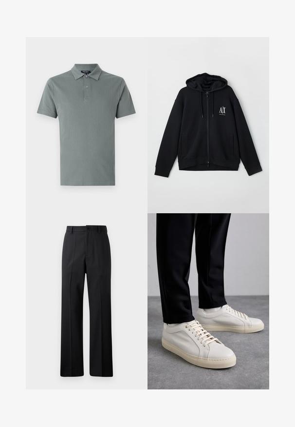 Črna zip-up kapuca iz mehkega blaga, z podloženim kapucem, dvema sprednjima žepoma in majhnim belim logotipom na levi strani prsnega koša.; Polo majica v pridušeni zeleni barvi, z teksturirano površino, kratkimi rokavi, ovratnikom in z dvema gumboma na zapenjanju.; Črne hlače ravnega kroja z zankami za pas, sprednjim gumbom in zadrgo, prikazane na enotnem belem ozadju.; Svetlo bež usnjeni športni čevlji z ravnimi vezalkami, teksturirano površino in kontrastnim smetanastim gumijastim podplatom, v kombinaciji s črnimi oprijetimi hlačami.