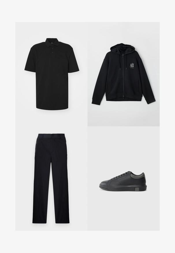 Svart zip-up hoodie i mjukt tyg, med en fodrad huva, två framfickor och en liten vit logotyp på vänster bröst.; Svart pikétröja i bomull med krage, korta ärmar och en diskret logotyp på bröstet. Klassisk passform.; Svarta byxor med lätt, texturerad tyg, rak benmodell, elastisk midja och sidofickor med dragkedja.; Svart lädersneaker med slät yta, rund tå och mörkgrå accenter. Har snörningsdesign och texturerad gummisula.