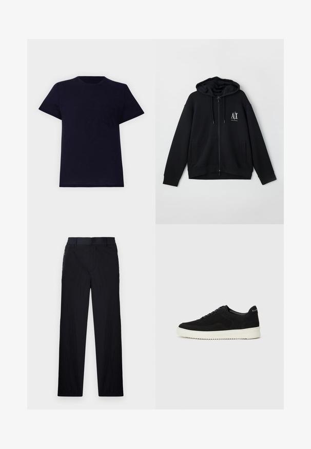 Črna zip-up kapuca iz mehkega blaga, z podloženim kapucem, dvema sprednjima žepoma in majhnim belim logotipom na levi strani prsnega koša.; Mornarsko modra bombažna majica s krožnim ovratnikom, kratkimi rokavi in manjšim žepom na prsih. Ima mehko teksturo in sproščen kroj.; Črne hlače iz lahke, teksturirane tkanine, ravne noge, elastičen pas in stranski žepki na zadrgo.; Črni semiš teniški copati z vezalkami in kontrastnim belim gumijastim podplatom. Imajo teksturirane stranske panele in subtilno oznako na peti.