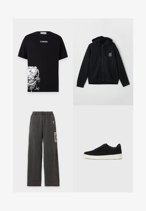 Svart zip-up hettegenser laget av myk stoff, med foret hette, to frontlommer og en liten hvit logo på venstre bryst.; Svart bomull t-skjorte med en grafikk av en tegneseriefigur nederst til venstre, med hvit tekst som leser "ICEBERG" på brystet.; Bredde benbukser i mørkegrått stoff, med en dekorativ lapp på framlommen og et elastisk liv for komfort.; Svart semsket sneakers med snøring og kontrasterende hvit gummisåle. Har teksturerte sidepaneler og subtil merkevare på hælen.