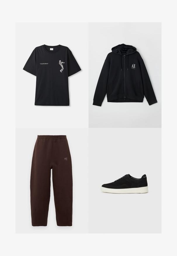 Črna zip-up kapuca iz mehkega blaga, z podloženim kapucem, dvema sprednjima žepoma in majhnim belim logotipom na levi strani prsnega koša.; Črna bombažna majica ima ohlapen kroj, okrogli izrez in vezen napis "United By Rhythm" z dekorativnim vzorcem ob strani.; Rjavi bombažni trenirke z elastičnim pasom, zoženimi nogami in majhnim logotipom na levi strani. Mehka tekstura, minimalističen dizajn.; Črni semiš teniški copati z vezalkami in kontrastnim belim gumijastim podplatom. Imajo teksturirane stranske panele in subtilno oznako na peti.