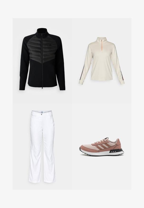 Svart hettejakke med polstret brystpanel, ribbestrikkede langermede ermer og høy krage, med en liten brodert logo på brystet.; Langermet, lys beige pullover med kvart glidelås og ståkrage, med marineblå side-striper og oransje detaljer på glidelåsen.; Hvite bomullsblandingsbukser med en avslappet passform, rette ben, frontlommer og en enkelt knappelukking i livet.; Lys rosa treningssko med beige nettingoverdel, brune skinnakenter, svart såle og tre striper-logo. Rund tå og snøring.