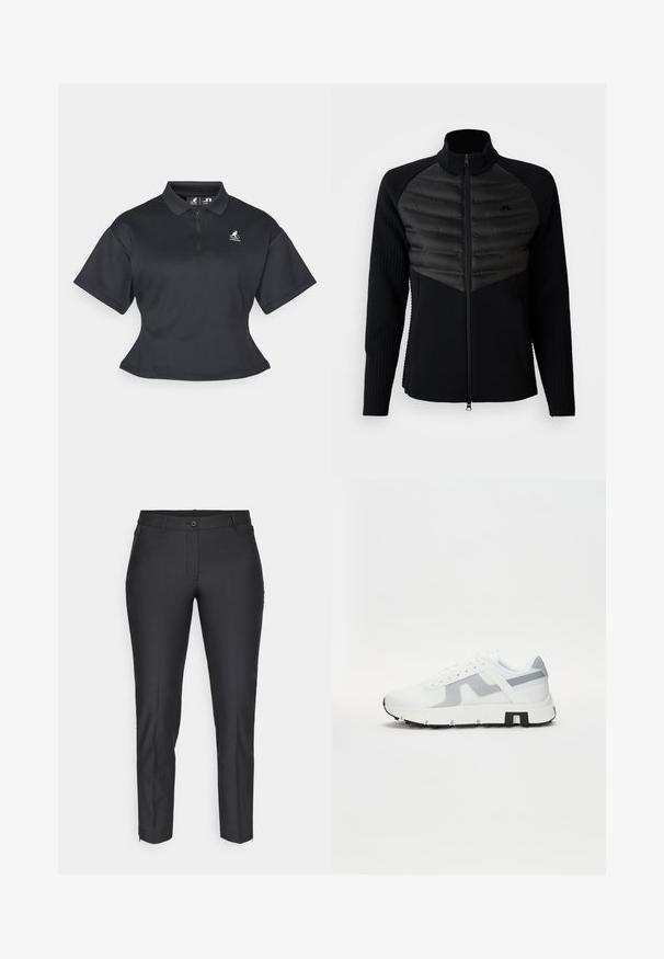 Casaco preto com fecho zip, painel acolchoado no peito, mangas longas caneladas e gola alta, apresentando um pequeno logótipo bordado no peito.; Camisa polo preta cropped com mangas curtas, apresentando um colarinho de meia-zíper, logo no peito e um tecido suave e elástico.; Calças pretas de corte ajustado com uma textura suave, apresentando fecho de botão, fecho éclair e dois bolsos laterais. Corte slim com pernas ajustadas.; Sapatilha atlética branca com detalhes em cinza, parte superior texturizada, sola espessa e detalhe no calcanhar em preto contrastante. Design de amarração com painéis de malha.