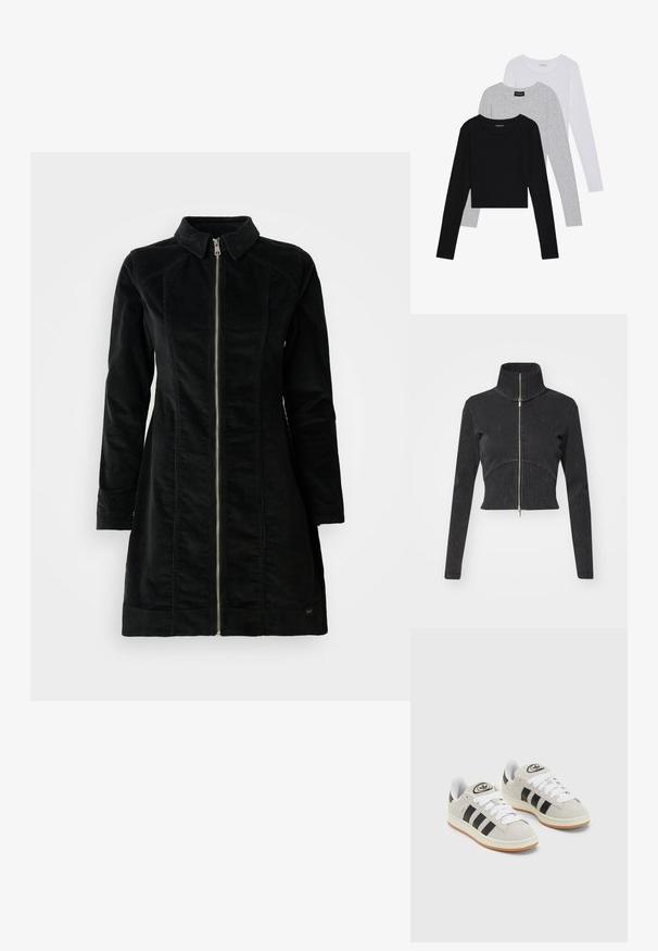 Jachetă din denim negru, tăiată, cu guler înalt, fermoar complet și mâneci lungi. Oferă un design cu cusături curbe și o textură subtilă.; Jachetă neagră din teracotă, cu guler înalt, mâneci lungi și fermoar în față, cu croială dreaptă și design minimalist.; Trei bluze cu mânecă lungă așezate: neagră, gri și albă. Fiecare are un guler rotund și un design scurt, realizat dintr-un material fin și ușor.; Adidași din suede gri cu șireți albi, dungi negre și talpă din cauciuc alb. Prezintă un logo circular pe limbă și o talpă din cauciuc.