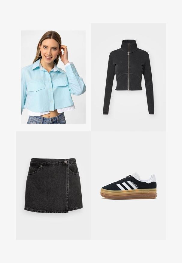 Przycięta czarna kurtka dżinsowa z wysokim kołnierzem, pełnym zamkiem i długimi rękawami. Posiada krzywą linię szwu i subtelną fakturę.; Przycięta jasnoniebieska koszula z zapięciem na guziki, dwiema przednimi kieszeniami i białym kołnierzykiem. Materiał ma gładką fakturę, luźny design.; Czarna dżinsowa mini spódniczka z lekko strzępionym dołem, dwiema przednimi kieszeniami i srebrnym zapięciem na guzik. Posiada boczny krój w stylu wrap.; Czarne zamszowe sneakersy z białymi akcentami i trzema paskami, z teksturowanym białym piętkiem, gumową podeszwą oraz brandingiem "Gazelle".