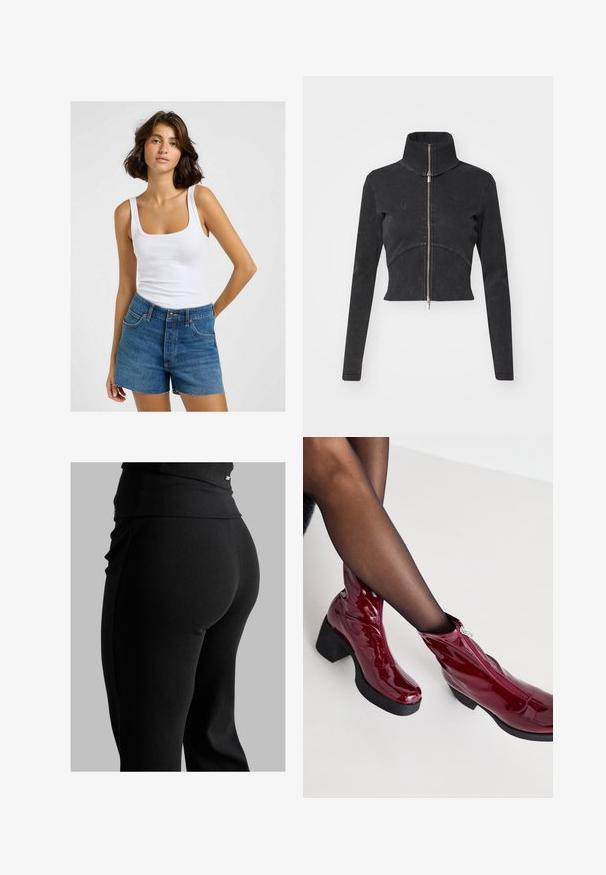 Geschnittene schwarze Jeansjacke mit hohem Kragen, vollem Reißverschluss und langen Ärmeln. Verfügt über ein gewelltes Nahtdesign und subtile Textur.; Weißes, geripptes Tanktop mit quadratischem Ausschnitt, kombiniert mit hoch taillierten blauen Jeansshorts mit fransigem Saum und klassischem Fünf-Taschen-Design.; Marineblaues und weißes Baumwoll-Bralette-Set mit gewelltem Ausschnitt, dünnen verstellbaren Trägern und tailliertem Design. Logotag auf der Innenseite des marineblauen Teils.; Schwarze, gerippte Leggings mit hohem Bund, figurbetonter Form und glatter Textur. Mit dezentem Hardware-Detail am Bund.; Rote Lackleder-Ankle Boots mit einem klobigen schwarzen Absatz und Reißverschlussdetails. Glatte Textur, elegantes Design mit runder Zehenpartie.