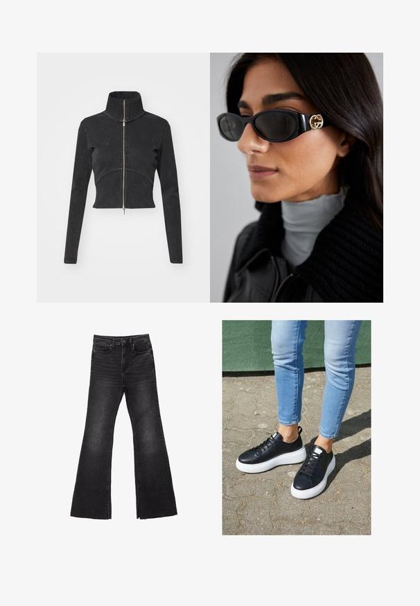 Lyhyeksi leikattu musta farkkutakki, jossa on korkea kaulus, täysipitkä vetoketju ja pitkät hihat. Siinä on kaareva saumakuviointi ja hienovarainen tekstuuri.; Valkoinen puuvillainen hihaton toppi, jossa on pyöristetty pääntie, ei hihoja ja vartalonmyötäinen muoto. Sileä pinta, yksinkertainen muotoilu ja vähäiset ompeluyksityiskohdat.; Farkut, joissa on leveä lahje ja raaka helma, viiden taskun malli ja nappikiinnitys. Valmistettu kestävästä, teksturoidusta kankaasta.; Mustat nahkakengät valkoisilla kumipohjilla, joissa on sileä pinta, pyöreä kärki ja litteät nauhat. Yhdistetty vaaleansinisiin farkkuihin.; Mustat aurinkolasit, joissa on tyylikäs suorakulmainen kehys ja kultainen logo-akkentti sivussa. Tumma linssit ja kiiltävä pinta ovat huomattavissa.