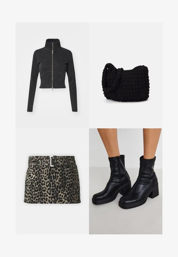 Veste en denim noir coupée avec un col haut, une fermeture éclair complète et des manches longues. Présente un design à couture courbée et une texture subtile.; Bodysuit noir à manches longues avec col haut, doté d'un tissu solide sur le torse et de manches en maille transparente, conçu dans une coupe ajustée.; Jupe en denim à imprimé léopard avec une taille ceinturée, dotée d'une boucle en argent, de poches avant et d'un ourlet droit.; Bottines noires en cuir avec un haut talon carré, dotées d'une fermeture éclair sur le côté, d'une texture lisse et d'un design de pointe effilée.; Sac en tissu noir avec un motif texturé et matelassé. Forme arrondie, poignées courtes et épaisses, et structure souple et flexible.; Ensemble de sept bagues en argent présentant divers designs, notamment des motifs torsadés, entrelacés et gravés. Différentes formes et largeurs.