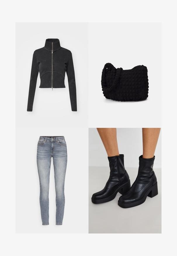 Chaqueta de denim negro cortada con cuello alto, cremallera completa y mangas largas. Presenta un diseño de costura curvada y una textura sutil.; Mameluco negro de manga larga con cuello alto, que presenta tejido sólido en el torso y mangas de malla transparente, diseñado en una forma ajustada.; Jeans de mezclilla de corte ajustado en un tono azul claro con un acabado desgastado, diseño de cinco bolsillos y costuras sutiles. Presenta pases para cinturón y cierre con cremallera.; Botas de tobillo de cuero negro con un alto tacón cuadrado, con cremallera lateral, textura suave y diseño de punta afinada.; Bolsa de tela negra con un patrón texturizado y acolchado. Forma redondeada, asas cortas y gruesas, y una estructura blanda y flexible.