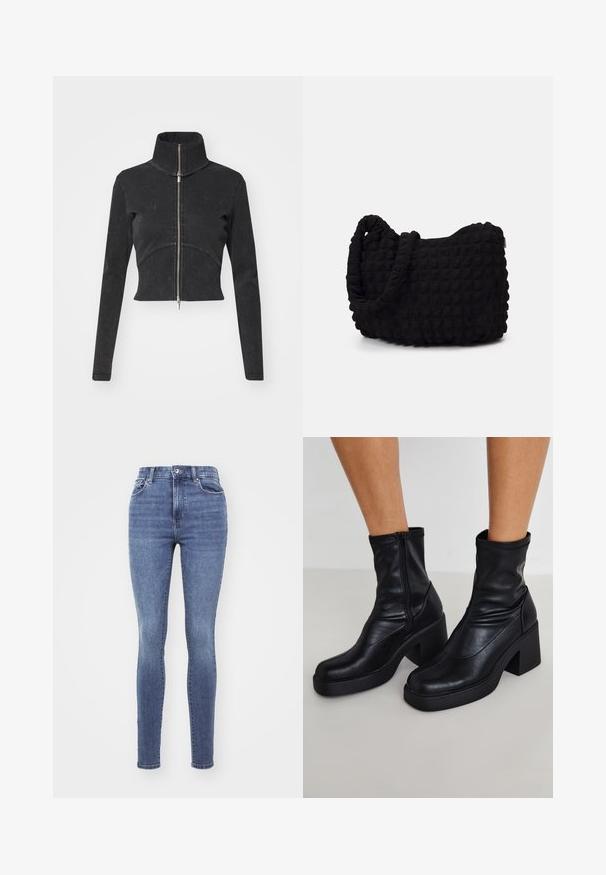 Skrajšana črna denim jakna z visokim ovratnikom, polnim zadrgo in dolgimi rokavi. Ima oblikovan šiv in subtilno teksturo.; Črn bodi z dolgimi rokavi in visokim ovratnikom, ki ima trden material na trupu in prosojne mrežaste rokave, oblikovan v prilegajoči se silhueti.; Prazne kavbojke iz medium pranja jeansa. Imajo visok pas, pet žepov ter klasično zapiranje z gumbom in zadrgo. Gladka tekstura.; Črne usnjene gležnjarje z visokim blokastim petam, z stranskim zadrgo, gladko teksturo in koničastim oblikovanjem prstov.; Črn platneno torba z strukturiranim, quilted vzorcem. Okrogla oblika, kratki, debeli ročaji in mehak, fleksibilen konstrukt.; Set sedmih srebrnih prstanov z različnimi oblikami, vključno s prepletenimi, povezanimi in graviranimi motivi. Različne oblike in širine.