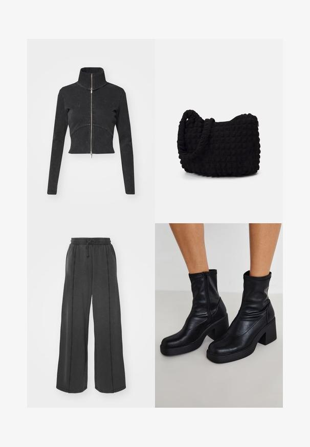 Rövidített fekete farmerdzseki magas gallérral, teljes cipzárral és hosszú ujjal. Ívelt varrásdizájn és finom textúra jellemzi.; Fekete, hosszú ujjú body, magas nyakkal, melynek testrésze sima anyagból készült, míg az ujjai áttetsző hálós anyagból vannak, testhezálló fazonban.; Széles lábú fekete nadrág puha anyagból, rugalmas derékkal és húzózsinórral. Különböző színű varrással a oldalvarrásokon.; Fekete bőr bokacsizma magas blokk sarkakkal, oldalsó cipzárral, sima textúrával és hegyes orrformával.; Fekete szövet táska texturált, steppelt mintával. Kerek formájú, rövid, vastag fogantyúkkal és puha, rugalmas szerkezettel.; Hét ezüst gyűrűből álló szett, különböző formákkal és szélességekkel, köztük csavart, összekapcsolt és gravírozott mintákkal.