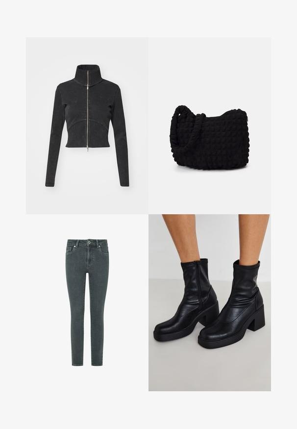 Skrajšana črna denim jakna z visokim ovratnikom, polnim zadrgo in dolgimi rokavi. Ima oblikovan šiv in subtilno teksturo.; Črn bodi z dolgimi rokavi in visokim ovratnikom, ki ima trden material na trupu in prosojne mrežaste rokave, oblikovan v prilegajoči se silhueti.; Svetlo sivi skinny jeans iz gladkega denima. Imajo sprednji zadrgo, gumbno zapiranje in tradicionalno pet-pocket oblikovanje.; Črne usnjene gležnjarje z visokim blokastim petam, z stranskim zadrgo, gladko teksturo in koničastim oblikovanjem prstov.; Črn platneno torba z strukturiranim, quilted vzorcem. Okrogla oblika, kratki, debeli ročaji in mehak, fleksibilen konstrukt.; Set sedmih srebrnih prstanov z različnimi oblikami, vključno s prepletenimi, povezanimi in graviranimi motivi. Različne oblike in širine.