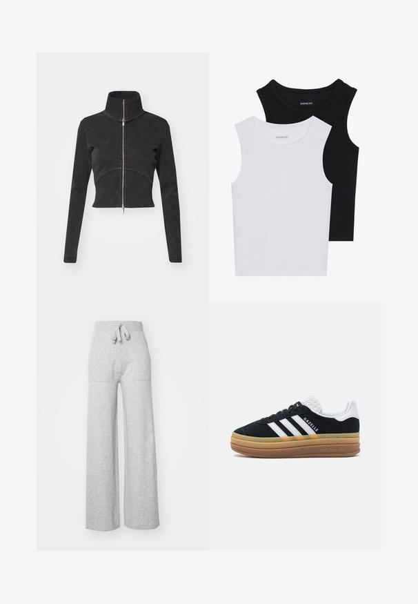 Rövidített fekete farmerdzseki magas gallérral, teljes cipzárral és hosszú ujjal. Ívelt varrásdizájn és finom textúra jellemzi.; Két ujjatlan felső fekete és fehér színben, bordás pamutból készült, kerek nyakkivágással és testhez simuló fazonnal. Mindkettőn látható címke.; Szürke, bő szabású melegítőnadrág puha anyagból, rugalmas derékrésszel, zsinóros megkötővel és két oldalsó zsebbel. Simaság, sportos dizájn.; Fekete velúr sportcipő fehér részletekkel és három csíkkal, texturált fehér sarokkal, gumitalppal és "Gazelle" felirattal.