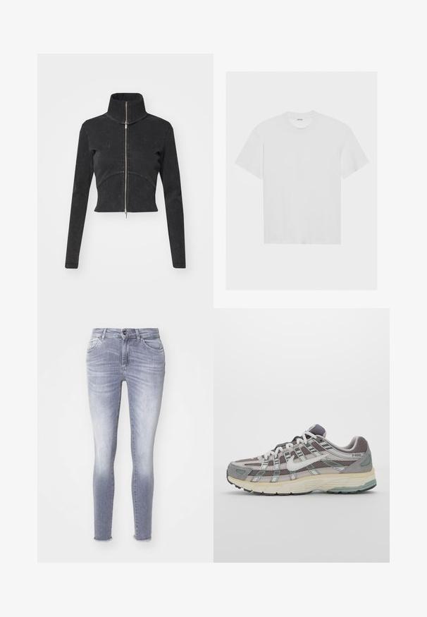Skrajšana črna denim jakna z visokim ovratnikom, polnim zadrgo in dolgimi rokavi. Ima oblikovan šiv in subtilno teksturo.; Bela bombažna majica s kratkimi rokavi, krožnim izrezom in sproščenim fitom. Gladka tekstura brez vidnih vzorcev ali akcentov.; Oprijete traperice v svetlo modri barvi, z zbledelim pranjem, petimi žepi in raztrganim robom. Diskretni šivi po celotni površini.; Sive športne čevlje z zgornjim delom iz mrežastega in semiš materiala, belimi akcenti, oblazinjenim podplatom ter edinstvenim dizajnom z odsevnimi elementi.
