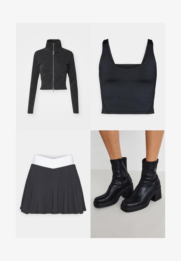 Jaqueta de denim preta cortada com colarinho alto, fecho de correia completo e mangas longas. Apresenta um design de costura curva e uma textura sutil.; Top preto cropped com tecido liso e elástico, alças largas e decote quadrado com detalhes mínimos de costura.; Sargento preto com uma cintura cruzada branca. Feito de um tecido suave e elástico, apresentando um design com um corte amplo e uma textura lisa.; Botas de tornozelo em couro preto com um salto bloco alto, apresentando um fecho lateral, textura suave e um design com bico afilado.