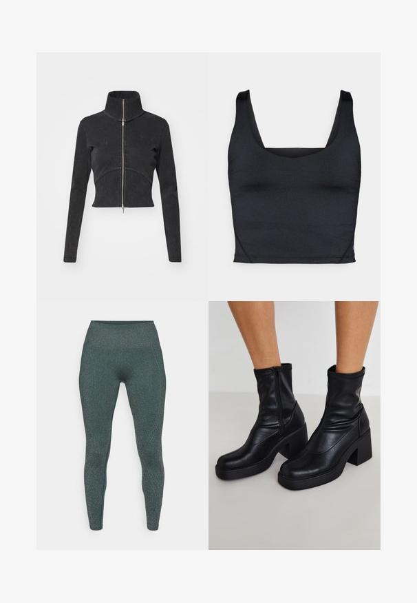 Jaqueta de denim preta cortada com colarinho alto, fecho de correia completo e mangas longas. Apresenta um design de costura curva e uma textura sutil.; Top preto cropped com tecido liso e elástico, alças largas e decote quadrado com detalhes mínimos de costura.; Leggings verde-escuro com um brilho metálico. Design de cintura alta, textura suave e ajuste justo ao corpo. Sem costuras ou padrões visíveis.; Botas de tornozelo em couro preto com um salto bloco alto, apresentando um fecho lateral, textura suave e um design com bico afilado.