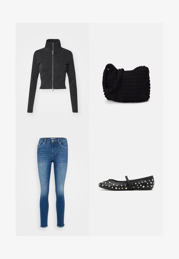 Chaqueta de denim negro cortada con cuello alto, cremallera completa y mangas largas. Presenta un diseño de costura curvada y una textura sutil.; Tres camisetas de manga larga apiladas: negra, gris y blanca. Cada una tiene un escote redondo y un diseño recortado con una tela suave y ligera.; Vaqueros de denim azul de corte ajustado con ligero desvanecimiento en los muslos y dobladillos sin acabar y deshilachados en los tobillos, que cuentan con bolsillos frontales y cierre de botones.; Bailarinas negras de cuero, adornadas con tachuelas plateadas. Cuentan con una correa sobre el empeine y un diseño de punta redonda.; Bolsa de tela negra con un patrón texturizado y acolchado. Forma redondeada, asas cortas y gruesas, y una estructura blanda y flexible.