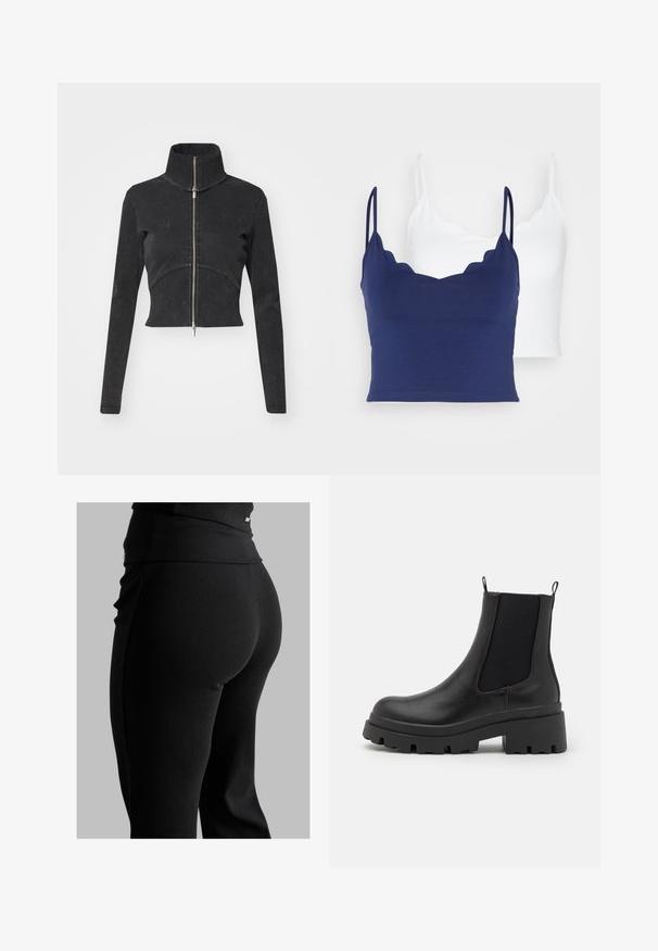 Izgriezta melna džinsu jaka ar augstu apkakli, pilnu rāvējslēdzēju un garām piedurknēm. Iezīmējas ar izliekto šuvju dizainu un smalku tekstūru.; Divi kamzoli ar viļņotām malām. Viens ir tumši zils, bet otrs ir balts. Abiem ir plāni siksnas un pieguļošs dizains.; Melni ribētu legingi ar augstu jostasvietu, pieguļošu formu un gludu tekstūru. Iekļauti smalki detaļas pie jostasvietas.; Melnas ādas potītes zābaki ar elastīgām sānu daļām, masīvu, protektorētu zoli un vilkšanas cilpām. Gluda apdare ar noapaļotu pirkstu dizainu.