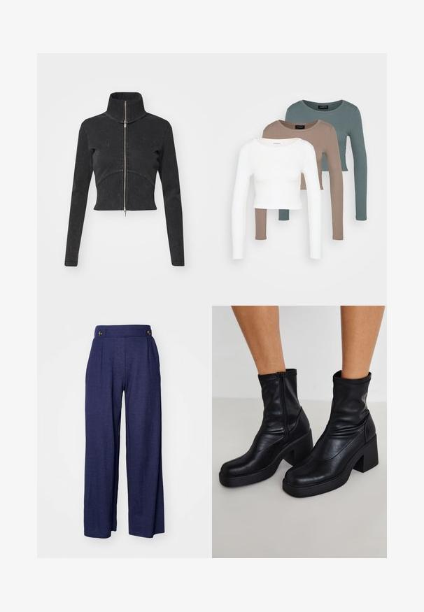 Avskuren svart denimjacka med hög krage, hel dragkedja och långa ärmar. Har en design med böjda sömmar och subtil textur.; Tre långa ärmade croptopar staplade, i färgerna vit, beige och dämpad teal, med rund hals i en ljusgrå bakgrund.; Marinblå vida byxor i ett mjukt tyg, med veck och två framknappar vid midjan för extra detaljer.; Svarta läderankelboots med hög klack, med en sidodragkedja, slät yta och en avsmalnande tådesign.