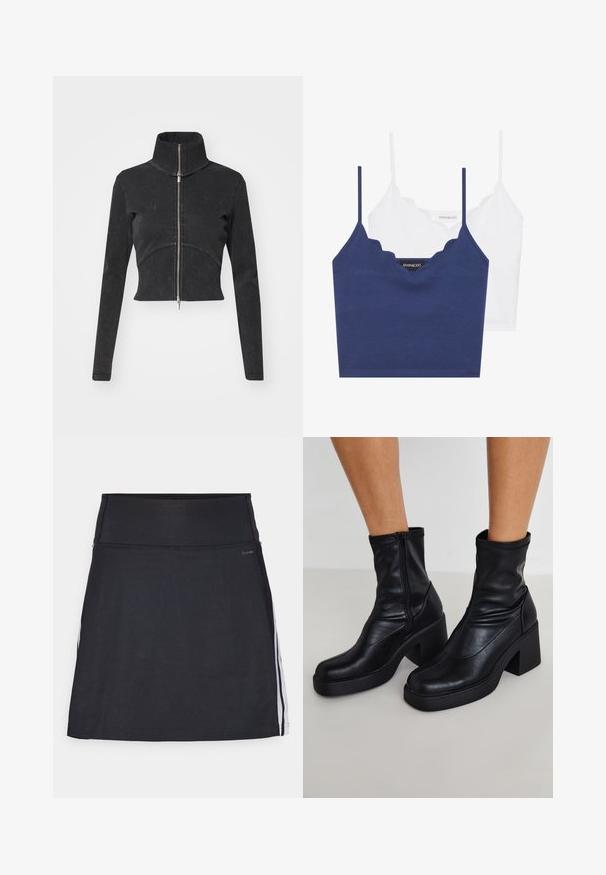 Rövidített fekete farmerdzseki magas gallérral, teljes cipzárral és hosszú ujjal. Ívelt varrásdizájn és finom textúra jellemzi.; Tengerészkék és fehér pamut melltartó szett fodrozott nyakkivágással, vékony állítható pántokkal és testhez simuló fazonnal. Logócímke a tengerészkék rész belső oldalán.; Fekete sportos szoknya széles derékrésszel, rugalmas anyagból készült. Fehér oldalsó csíkokkal és sima, zökkenőmentes kivitelezéssel rendelkezik.; Fekete bőr bokacsizma magas blokk sarkakkal, oldalsó cipzárral, sima textúrával és hegyes orrformával.