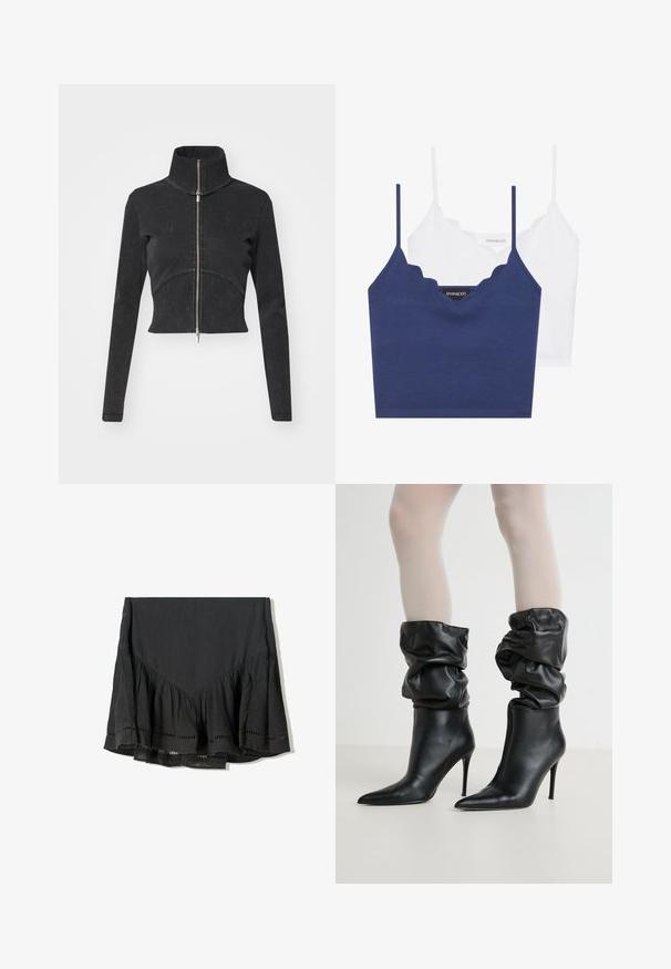 Przycięta czarna kurtka dżinsowa z wysokim kołnierzem, pełnym zamkiem i długimi rękawami. Posiada krzywą linię szwu i subtelną fakturę.; Niebieski i biały bawełniany zestaw biustonosza z falbaniastym dekoltem, cienkimi regulowanymi ramiączkami oraz dopasowanym krojem. Metka z logo po wewnętrznej stronie niebieskiej części.; Czarna spódnica z warstwowym falbanym dołem, wykonana z teksturowanej tkaniny. Ma wycięcia na dolnej krawędzi oraz kształt V u góry.; Czarne skórzane botki za kostkę o luźnym fasonie, spiczastym nosku i wysokim obcasie w kształcie szpilki, z miękkim, teksturowanym wykończeniem wokół cholewki.