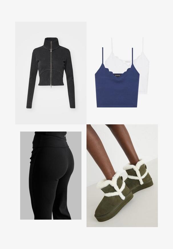 Avskuren svart denimjacka med hög krage, hel dragkedja och långa ärmar. Har en design med böjda sömmar och subtil textur.; Navy och vit bomull-bra med vågkantad halsringning, tunna justerbara axelband och en figursydd design. Logotag på insidan av den marinblå delen.; Svarta ribbade leggings med hög midja, figurnära passform och slät textur. Innehåller subtila detaljer i metall på midjan.; Gröna mocka ank stövlar med vit konstpälskant, med ett korsdesign, platt gummisula och en dragflik bak för enkel påtagning.