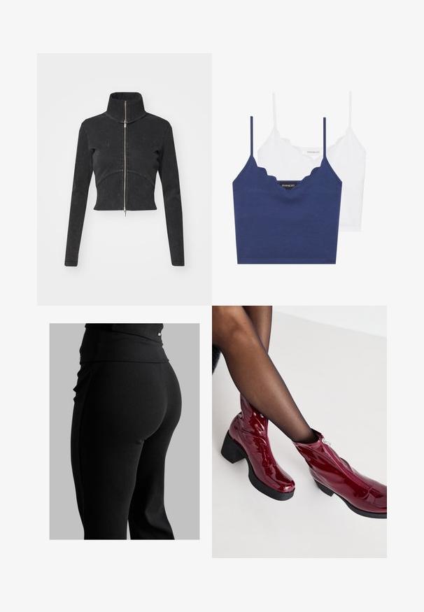 Jachetă din denim negru, tăiată, cu guler înalt, fermoar complet și mâneci lungi. Oferă un design cu cusături curbe și o textură subtilă.; Set de bralette din bumbac navy și alb cu decolteu zimțat, bretele subțiri reglabile și un design ajustat. Etichetă cu logo pe partea interioară a piesei navy.; Leggings negre cu un model ribanat, care prezintă un talie înaltă, o formă ajustată și o textură netedă. Include un detaliu subtil de metal pe talie.; Botine negre din piele patent cu toc gros și detalii cu fermoar. Textură netedă, design elegant cu vârf rotund.