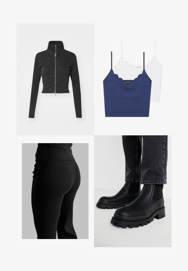 Zkrácená černá džínová bunda s vysokým límcem, plným zipem a dlouhými rukávy. Má zakřivený šev a jemnou strukturu.; Sada bavlněného braletku v námořnické modré a bílé barvě se zvlněným výstřihem, tenkými nastavitelnými ramínky a přiléhavým střihem. Hlavní značka je na vnitřní straně námořnického kousku.; Černé žebrované leginy s vysokým pasem, přiléhavým střihem a hladkou texturou. Obsahují jemný kovový detail v pase.; Černé kotníkové boty s masivní podrážkou, vyrobené z hladké kůže, s elastickými bočními panely a blokovým podpatkem, v kombinaci s tmavými džíny.