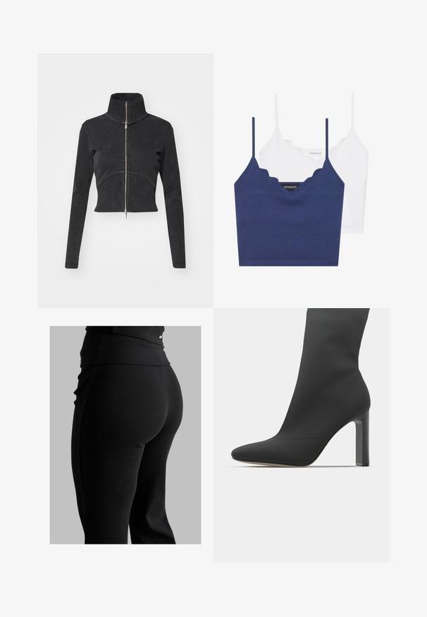 Izgriezta melna džinsu jaka ar augstu apkakli, pilnu rāvējslēdzēju un garām piedurknēm. Iezīmējas ar izliekto šuvju dizainu un smalku tekstūru.; Jūras spēku un baltā kokvilnas bralete ar viļņotu dekoltē, plānām regulējamām siksnām un pieguļošu dizainu. Zīmola birka ir uz iekšējās puses jūras spēku krāsā.; Melni ribētu legingi ar augstu jostasvietu, pieguļošu formu un gludu tekstūru. Iekļauti smalki detaļas pie jostasvietas.; Melnas stiletto potītes ar elegantu zeķes līdzīgu dizainu, norādītu purngalu, gludu audumu un kvadrātveida augstu papēdi. Minimālistiska estētika.