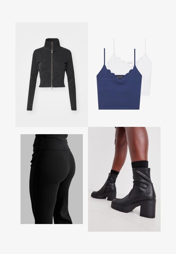 Lyhyeksi leikattu musta farkkutakki, jossa on korkea kaulus, täysipitkä vetoketju ja pitkät hihat. Siinä on kaareva saumakuviointi ja hienovarainen tekstuuri.; Navy ja valge puuvillane bralette komplekt, millel on laineline kaelus, õhukesed reguleeritavad rihmad ja istuv disain. Logo silt on tumeda tükki sisepinnal.; Mustat ribatut legginsit, joissa on korkea vyötärö, vartalonmyötäinen muoto ja sileä pinta. Mukana on huomaamaton varuste yksityiskohtana vyötäröllä.; Mustat nahkasaappaat nilkkapituisella, rennolla muotoilulla, paksulla korolla ja teksturoidulla kumipohjalla. Sivussa on vetoketjukiinnitys.