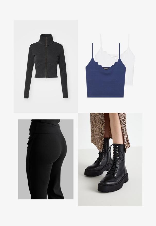 Giacca in denim nero tagliata con colletto alto, zip intera e maniche lunghe. Presenta un design a cucitura curva e una texture sottile.; Set di bralette in cotone navy e bianco con scollo a scallop, spalline sottili e design aderente. Etichetta con logo sul lato interno del pezzo navy.; Leggings neri a coste con vita alta, forma aderente e texture liscia. Include un sottile dettaglio in metallo sulla vita.; Stivali da combattimento in pelle nera con suole in gomma spessa, chiusura con lacci e occhielli metallici. Pelle strutturata e design della piattaforma in contrasto.