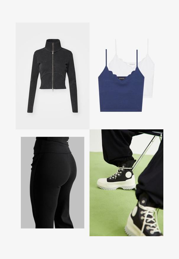 Veste en denim noir coupée avec un col haut, une fermeture éclair complète et des manches longues. Présente un design à couture courbée et une texture subtile.; Ensemble de bralette en coton marine et blanc avec un décolleté festonné, des bretelles fines et ajustables, et une coupe ajustée. Étiquette logo sur le côté intérieur de la pièce marine.; Leggings noirs côtelés avec une taille haute, une coupe moulante et une texture lisse. Comprend un détail matériel subtil sur la taille.; Converse CHUCK TAYLOR ALL STAR LUGGED 2.0 PLATFORM COUNTER CLIMATE EXTRA HIGH - Bottines à lacets - black/egret