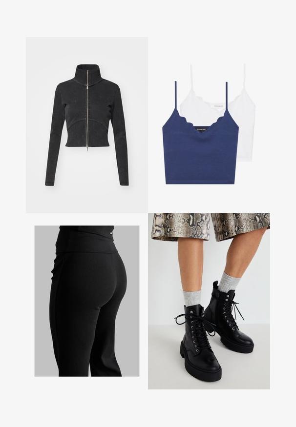 Lühendatud must denimpusa kõrge kraega, täispikkuse tõmblukuga ja pikkade varrukatega. Omab kõverat õmbluse disaini ja peent tekstuuri.; Sinine ja valge puuvillane rinnahoidja komplekt, millel on laineline kaelus, õhukesed reguleeritavad rihmad ja istuv disain. Logo silt sinise detaili sisepinnal.; Mustad ribatöötlusega retuusid, millel on kõrge vöökoht, keha lähedane lõige ja sile tekstuur. Vöökoht sisaldab peent riistvara detaili.; Steve Madden GUSTO - Platvormtallaga poolsaapad - black