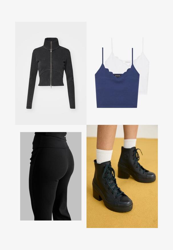 Chaqueta de denim negro cortada con cuello alto, cremallera completa y mangas largas. Presenta un diseño de costura curvada y una textura sutil.; Conjunto de bralette de algodón en navy y blanco con escote en forma de ondas, tirantes delgados ajustables y un diseño ajustado. Etiqueta de logo en el lado interior de la pieza navy.; Leggings negros de canalé con una cinturilla alta, forma ajustada y textura suave. Incluye un sutil detalle de hardware en la cinturilla.; Zapatillas negras de caña alta con un acabado texturizado, diseño de cordones, puntera de goma y tacones gruesos, combinadas con calcetas blancas de canalé.