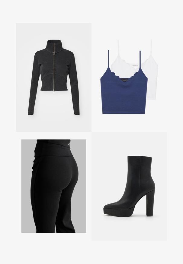 Rövidített fekete farmerdzseki magas gallérral, teljes cipzárral és hosszú ujjal. Ívelt varrásdizájn és finom textúra jellemzi.; Tengerészkék és fehér pamut melltartó szett fodrozott nyakkivágással, vékony állítható pántokkal és testhez simuló fazonnal. Logócímke a tengerészkék rész belső oldalán.; Fekete bordás leggings, magas derékkal, testhez simuló formával és sima textúrával. Diszkrét hardware részlet a derékrészen.; Fekete bokacsizma hegyes orral, sima bőrből készült. Jellemzője egy vastag, magas sarkú és egy platform talp, ami extra magasságot ad.