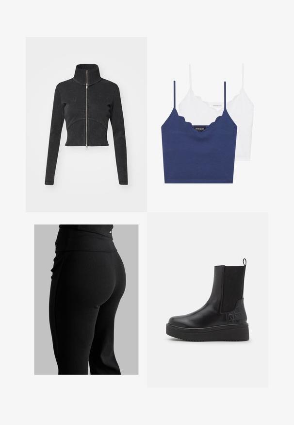Skrajšana črna denim jakna z visokim ovratnikom, polnim zadrgo in dolgimi rokavi. Ima oblikovan šiv in subtilno teksturo.; Mornarsko modra in bela bombažna modra braletka z valovitim dekoltejem, tankimi nastavljivimi naramnicami in prilegajočim dizajnom. Oznaka z logotipom na notranji strani mornarsko modrega kosa.; Črne rebraste leggins hlače z visokim pasom, obliko, ki se prilega telesu, in gladko teksturo. Vključujejo subtilne podrobnosti z dodatno opremo na pasu.; Črne usnjene gležnjarje z elastičnimi stranskimi paneli, teksturiranimi akcenti v krokodiljem vzorcu, masivnim platformastim podplatom in zanka za vlečenje.