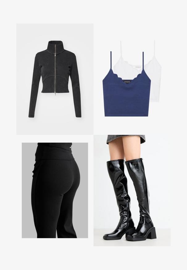 Rövidített fekete farmerdzseki magas gallérral, teljes cipzárral és hosszú ujjal. Ívelt varrásdizájn és finom textúra jellemzi.; Tengerészkék és fehér pamut melltartó szett fodrozott nyakkivágással, vékony állítható pántokkal és testhez simuló fazonnal. Logócímke a tengerészkék rész belső oldalán.; Fekete bordás leggings, magas derékkal, testhez simuló formával és sima textúrával. Diszkrét hardware részlet a derékrészen.; Fekete, fényes, térdig érő csizmák négyzet alakú orral és vastag sarokkal. Oldalzippzárral és testhez simuló, texturált dizájnnal rendelkezik.