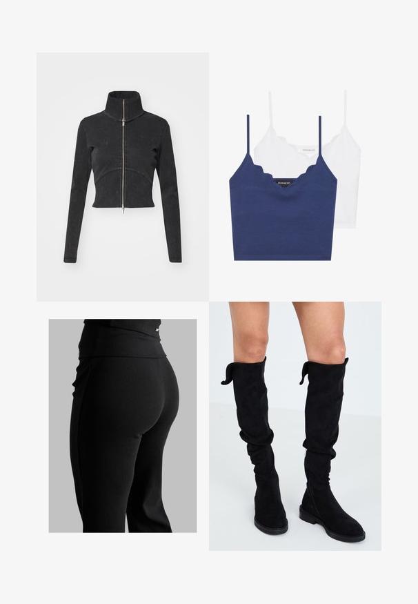 Lühendatud must denimpusa kõrge kraega, täispikkuse tõmblukuga ja pikkade varrukatega. Omab kõverat õmbluse disaini ja peent tekstuuri.; Sinine ja valge puuvillane rinnahoidja komplekt, millel on laineline kaelus, õhukesed reguleeritavad rihmad ja istuv disain. Logo silt sinise detaili sisepinnal.; Mustad ribatöötlusega retuusid, millel on kõrge vöökoht, keha lähedane lõige ja sile tekstuur. Vöökoht sisaldab peent riistvara detaili.; Mustad säärtest üle ulatuvad sueded saapad pehme kanga, lõdva disaini, ümarate varvaste, lame tallaga ja külgsektsiooniga, mis tagab mugava selga panemise.