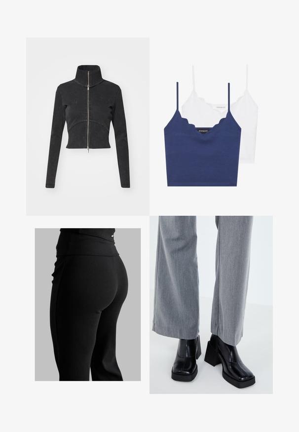 Skrajšana črna denim jakna z visokim ovratnikom, polnim zadrgo in dolgimi rokavi. Ima oblikovan šiv in subtilno teksturo.; Mornarsko modra in bela bombažna modra braletka z valovitim dekoltejem, tankimi nastavljivimi naramnicami in prilegajočim dizajnom. Oznaka z logotipom na notranji strani mornarsko modrega kosa.; Črne rebraste leggins hlače z visokim pasom, obliko, ki se prilega telesu, in gladko teksturo. Vključujejo subtilne podrobnosti z dodatno opremo na pasu.; Črne škornje s peto in kvadratnim nosom, z gladkim usnjem in debelim podplatom. V kombinaciji z svetlosivimi širokimi hlačami.