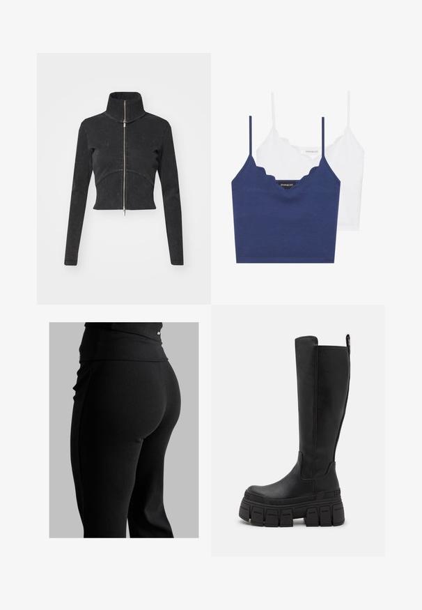 Chaqueta de denim negro cortada con cuello alto, cremallera completa y mangas largas. Presenta un diseño de costura curvada y una textura sutil.; Conjunto de bralette de algodón en navy y blanco con escote en forma de ondas, tirantes delgados ajustables y un diseño ajustado. Etiqueta de logo en el lado interior de la pieza navy.; Leggings negros de canalé con una cinturilla alta, forma ajustada y textura suave. Incluye un sutil detalle de hardware en la cinturilla.; Buffalo GOSPHER STRETCH BOOT - Botas con plataforma - black
