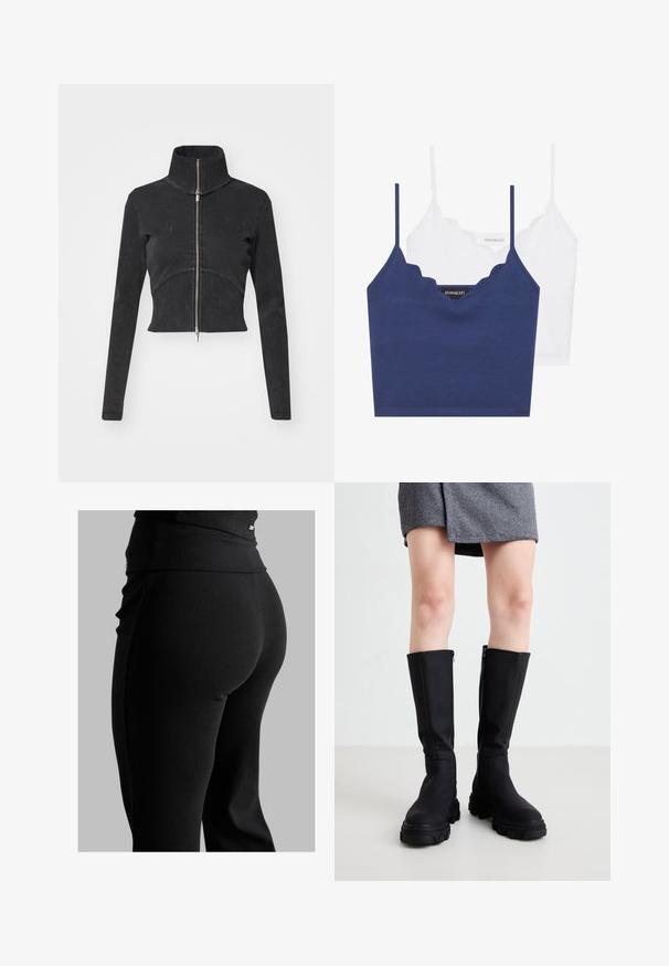 Zkrácená černá džínová bunda s vysokým límcem, plným zipem a dlouhými rukávy. Má zakřivený šev a jemnou strukturu.; Sada bavlněného braletku v námořnické modré a bílé barvě se zvlněným výstřihem, tenkými nastavitelnými ramínky a přiléhavým střihem. Hlavní značka je na vnitřní straně námořnického kousku.; Černé žebrované leginy s vysokým pasem, přiléhavým střihem a hladkou texturou. Obsahují jemný kovový detail v pase.; Černé kozačky po kolena s hladkým povrchem, robustními podrážkami a decentním bočním zipem. Stylově sladěné se šedou sukní v herringbone vzoru.