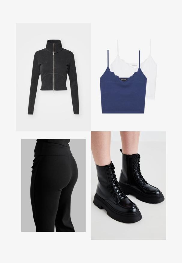 Chaqueta de denim negro cortada con cuello alto, cremallera completa y mangas largas. Presenta un diseño de costura curvada y una textura sutil.; Conjunto de bralette de algodón en navy y blanco con escote en forma de ondas, tirantes delgados ajustables y un diseño ajustado. Etiqueta de logo en el lado interior de la pieza navy.; Leggings negros de canalé con una cinturilla alta, forma ajustada y textura suave. Incluye un sutil detalle de hardware en la cinturilla.; Botas de tobillo de cuero negro con suela gruesa, cordones en la parte delantera y cremallera lateral; presentan un acabado suave y una punta elevada.