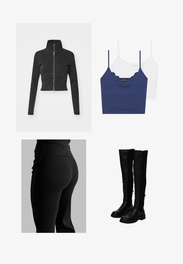 Zkrácená černá džínová bunda s vysokým límcem, plným zipem a dlouhými rukávy. Má zakřivený šev a jemnou strukturu.; Sada bavlněného braletku v námořnické modré a bílé barvě se zvlněným výstřihem, tenkými nastavitelnými ramínky a přiléhavým střihem. Hlavní značka je na vnitřní straně námořnického kousku.; Černé žebrované leginy s vysokým pasem, přiléhavým střihem a hladkou texturou. Obsahují jemný kovový detail v pase.; Černé kozačky nad kolena s hladkou kůží, žebrovanými textilními panely, plochými podrážkami a širokým, strukturovaným tvarem.