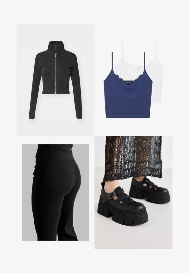 Skrajšana črna denim jakna z visokim ovratnikom, polnim zadrgo in dolgimi rokavi. Ima oblikovan šiv in subtilno teksturo.; Mornarsko modra in bela bombažna modra braletka z valovitim dekoltejem, tankimi nastavljivimi naramnicami in prilegajočim dizajnom. Oznaka z logotipom na notranji strani mornarsko modrega kosa.; Črne rebraste leggins hlače z visokim pasom, obliko, ki se prilega telesu, in gladko teksturo. Vključujejo subtilne podrobnosti z dodatno opremo na pasu.; Črne platform sandale s masivnim dizajnom, ki vključujejo široke trakove in zaponko na strani. Narejene so iz teksturirane gume s podrobnostjo logotipa.