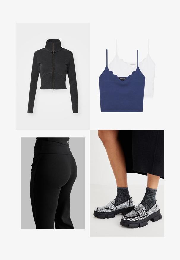Zkrácená černá džínová bunda s vysokým límcem, plným zipem a dlouhými rukávy. Má zakřivený šev a jemnou strukturu.; Sada bavlněného braletku v námořnické modré a bílé barvě se zvlněným výstřihem, tenkými nastavitelnými ramínky a přiléhavým střihem. Hlavní značka je na vnitřní straně námořnického kousku.; Černé žebrované leginy s vysokým pasem, přiléhavým střihem a hladkou texturou. Obsahují jemný kovový detail v pase.; Černé nazouvací boty se zdobením z rhinestones, robustními černými podrážkami a kontrastními šedými texturovanými ponožkami. Neformální a výrazný design.