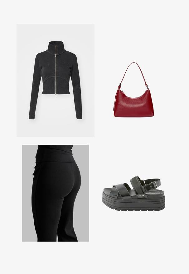 Geknipte zwarte denimjasje met hoge kraag, volledige rits en lange mouwen. Bevat een gebogen naadontwerp en subtiele textuur.; Navy en witte katoenen bralette set met een scalloped halslijn, dunne verstelbare bandjes en een aansluitend ontwerp. Logo label aan de binnenzijde van het navy stuk.; Zwarte geribde leggings met een hoge tailleband, een strak gevormde pasvorm en een gladde textuur. Bevat subtiele hardwaredetails op de tailleband.; Next CHUNKY REGULAR WIDE FIT - Sandalen met plateauzool - black; Rode leren schoudertas met een gebogen ontwerp, een gladde textuur en een ritssluiting. Het heeft een dunne hengsel om te dragen.